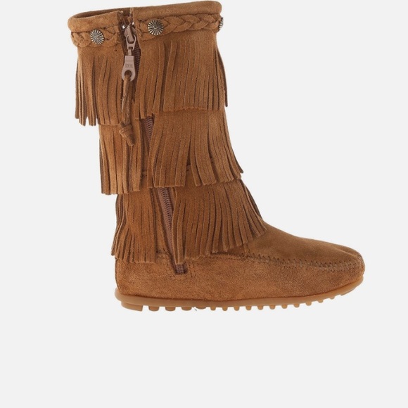 Minnetonka 3 Layer Fringe Boot Dusty Brown Suede - Picture 3 of 6